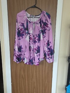 Jennifer Lopez Lavender Floral Tie-Neck Blouse